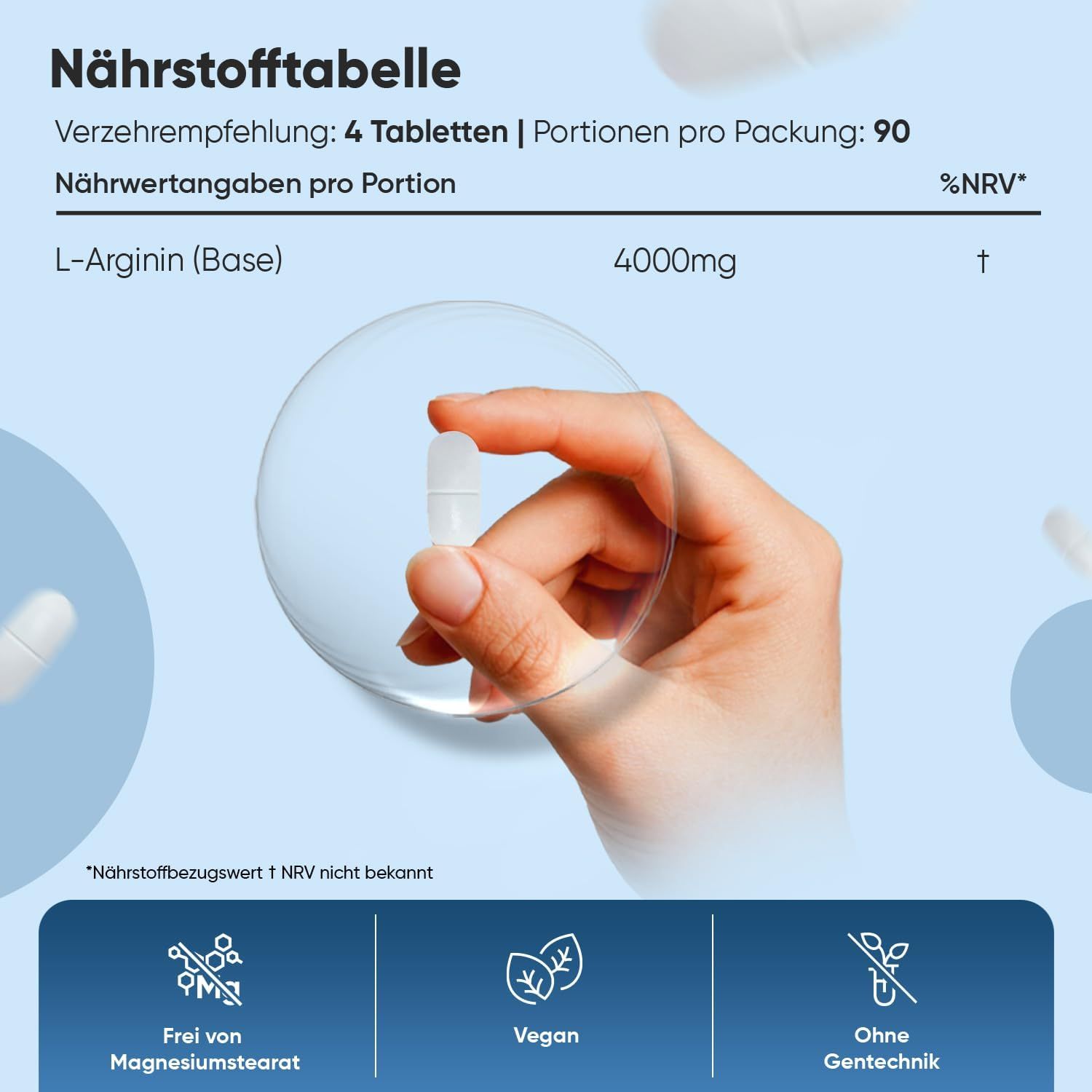 Nährstofftabelle mit L-Arginin (Base) 4000mg. Text: 4 Tabletten, Portionen pro Packung: 90. Symbole: Frei von Magnesiumstearat, Vegan, Ohne Gentechnik.