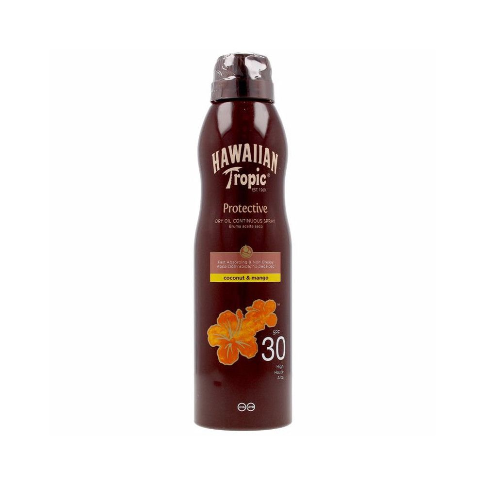 Braune Sprühflasche Hawaiian Tropic Protective. Kokosnuss- und Mango-Motiv. SPF 30.
