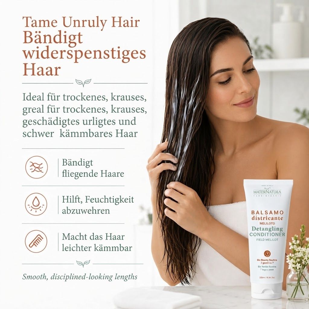 Maternatura Haar Primer mit Goji-Beeren. Weißer Sprühflakon mit orangefarbenem Etikett, gehalten von einer Hand.