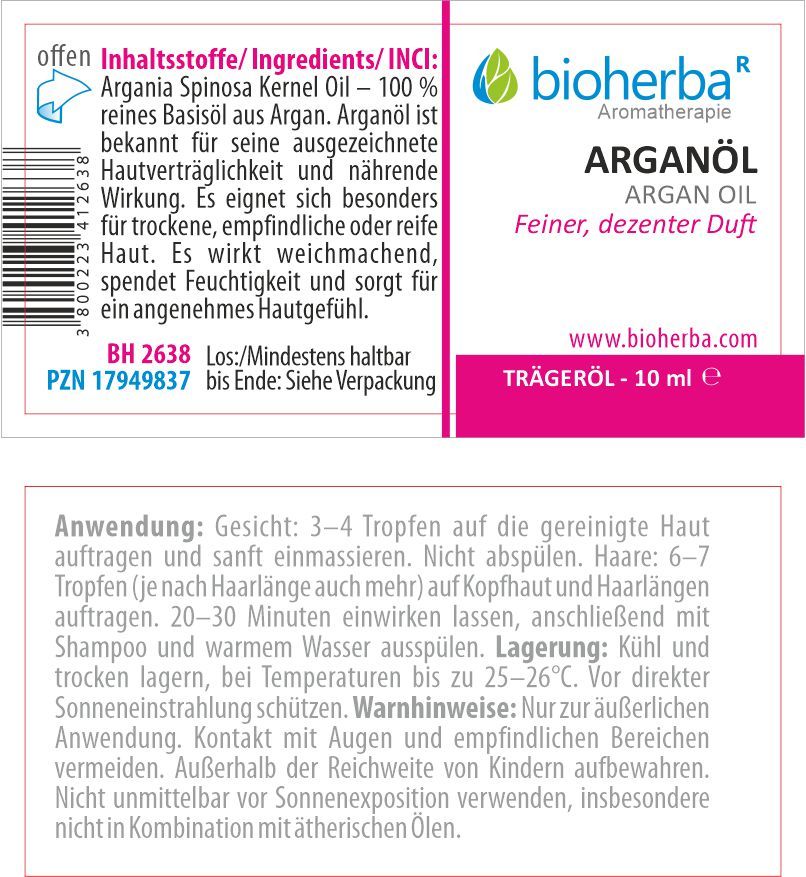 Etikett mit Produktinformationen. Text: Bioherba Arganöl, 10 ml. Inhaltsstoffe, Anwendungshinweise, Warnhinweise.