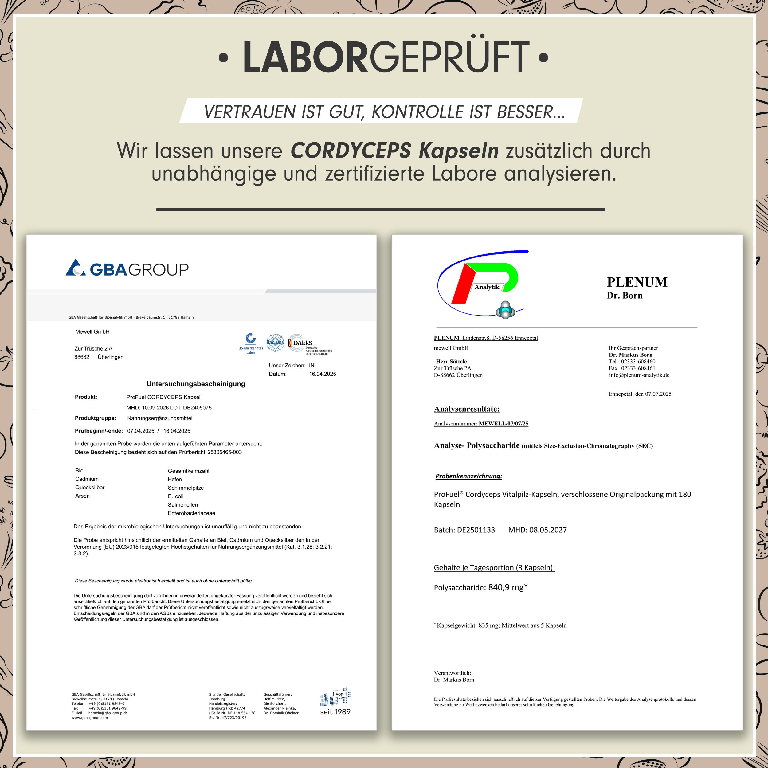 Zwei Zertifikate mit Informationen. Logos von GBA Group und Plenum. Angaben zu Inhaltsstoffen und Analyseergebnissen.