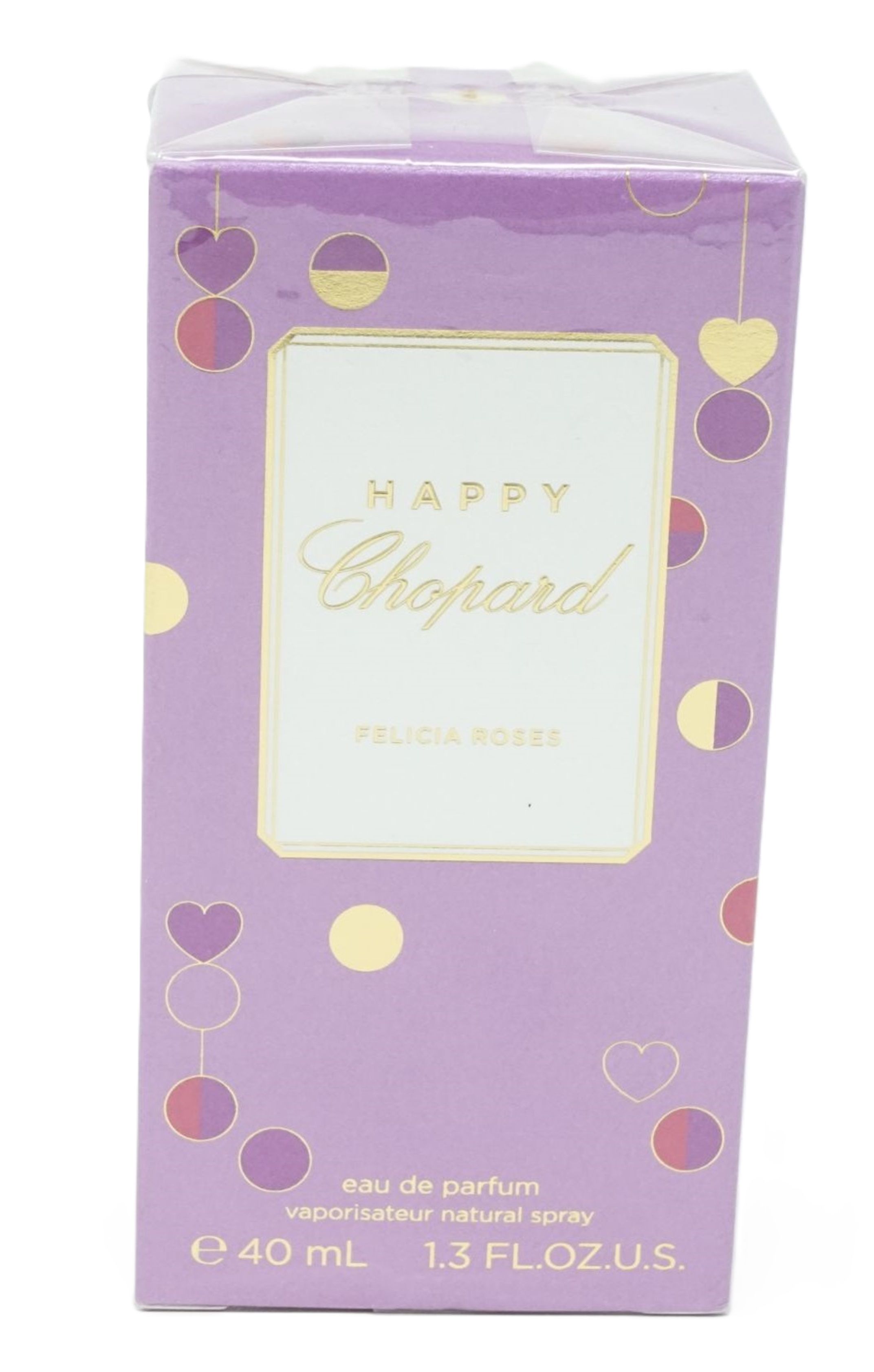 Verpackung von Happy Chopard Felicia Roses. Lila mit goldenem Schriftzug und Herz-Dekoration. Text: eau de parfum, 40 ml.