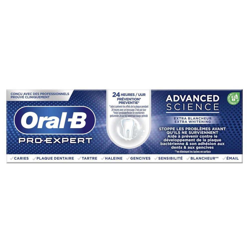 Zahnpasta-Tube. Marke: Oral-B Pro-Expert Advanced Science. Blaue Verpackung. Text: Extra Weiß. Zertifizierungszeichen.