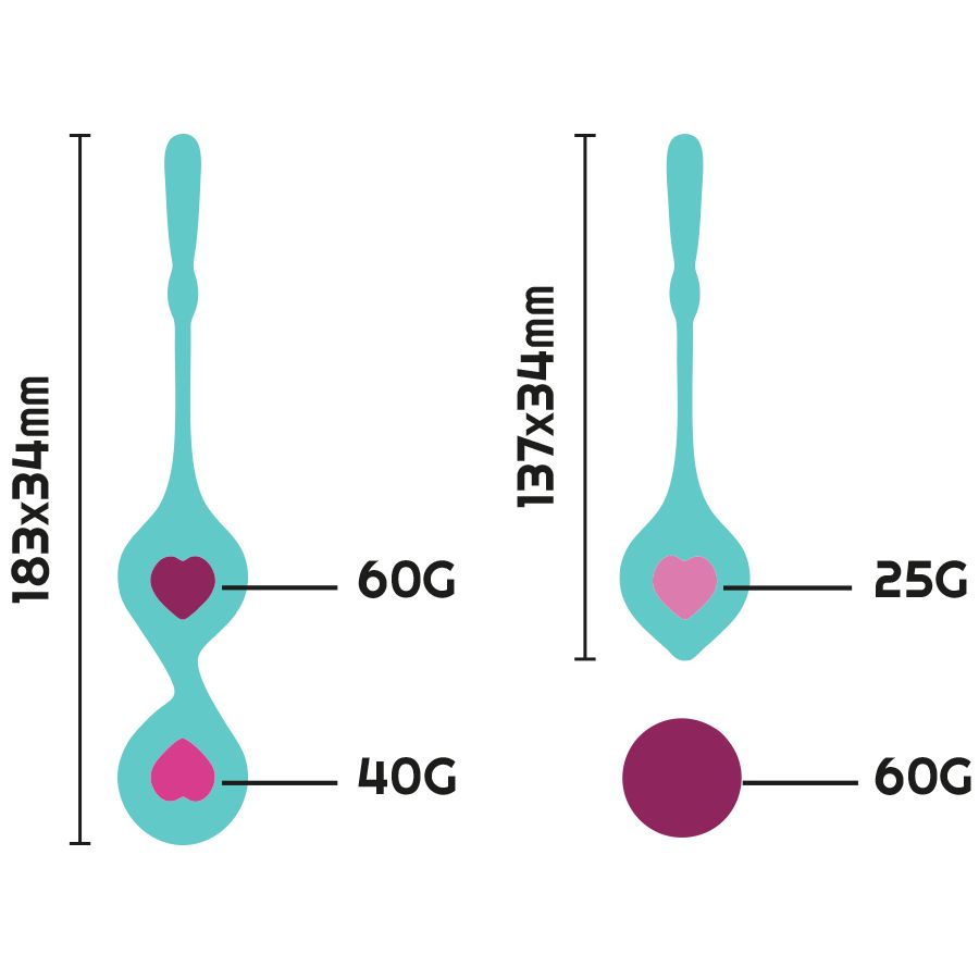 Zwei Kegel-Kugeln mit Herzform, Größenangaben: 183x34mm, 137x34mm. Gewichte: 60g, 40g, 25g, 60g.