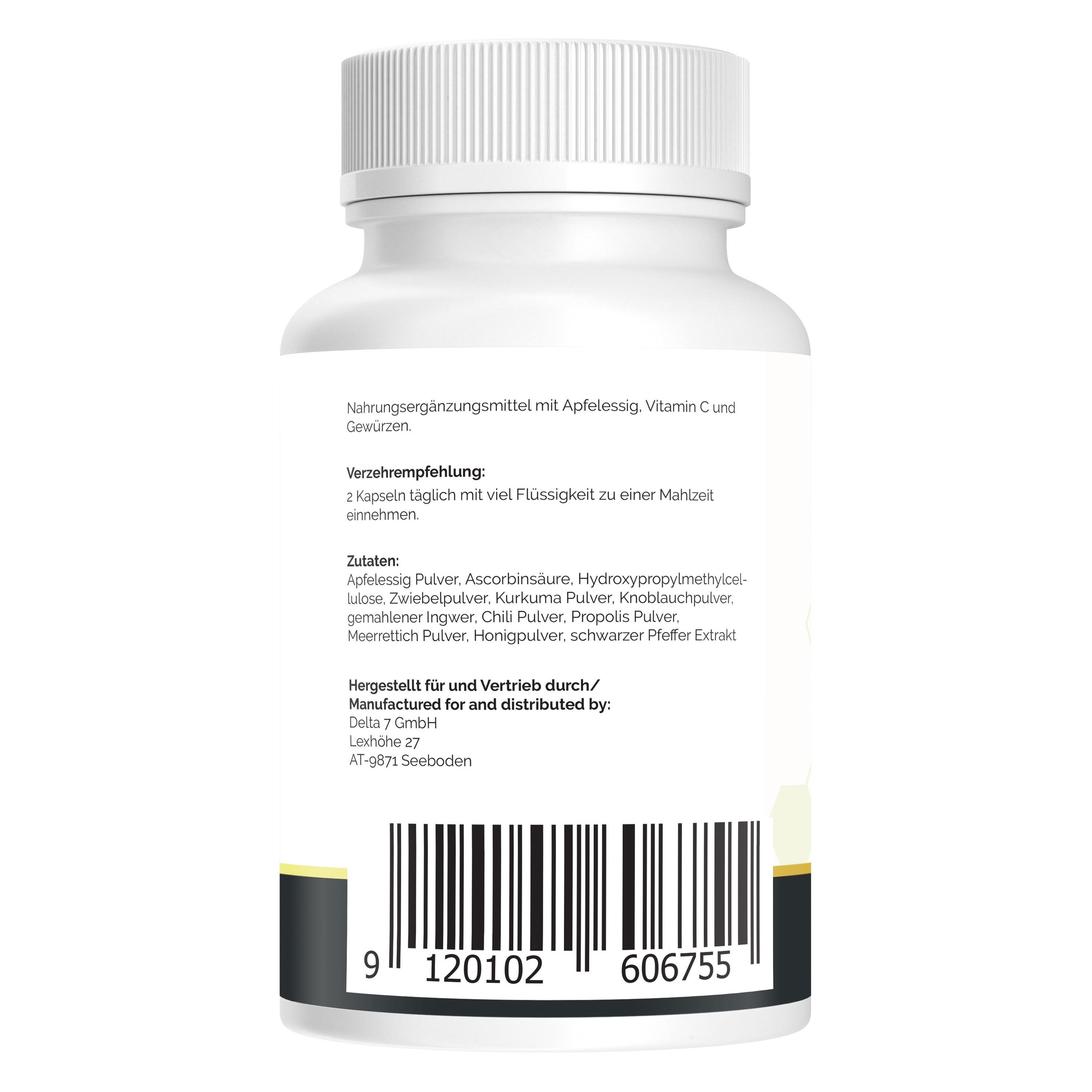 Rückseite einer weißen Flasche. Text: Zutaten, Verzehrempfehlung, Herstellerinformationen und Barcode.