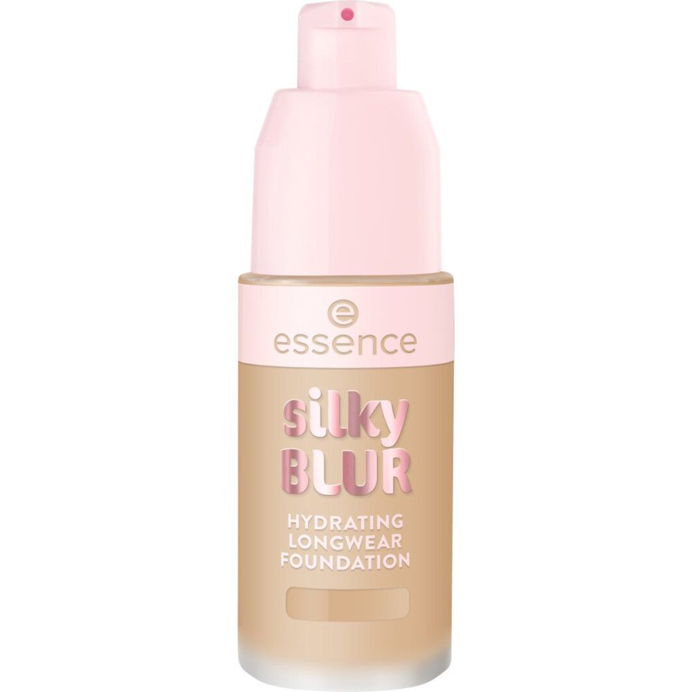 Foundation-Flakon. Rosa Pump-Deckel, durchsichtiger Behälter. Aufschrift: Silky Blur, Hydrating Longwear Foundation. Marke: Essence.