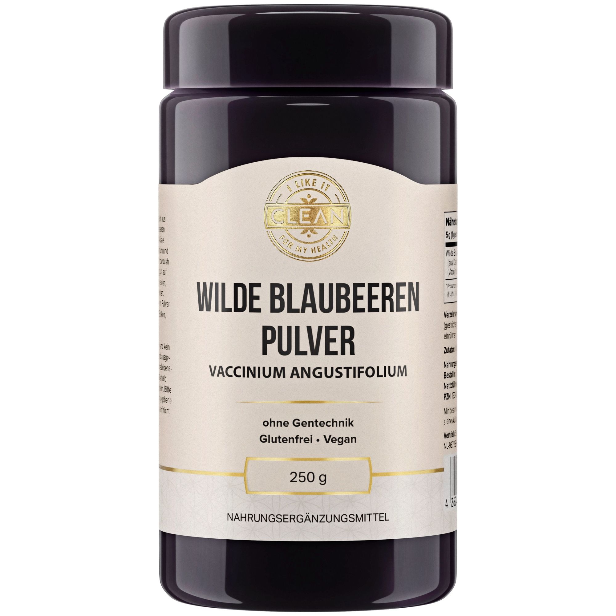 Dunkle Dose mit Pulver. Aufschrift: Wilde Blaubeeren Pulver. Logos: Ohne Gentechnik, glutenfrei, vegan. Inhalt: 250 g.