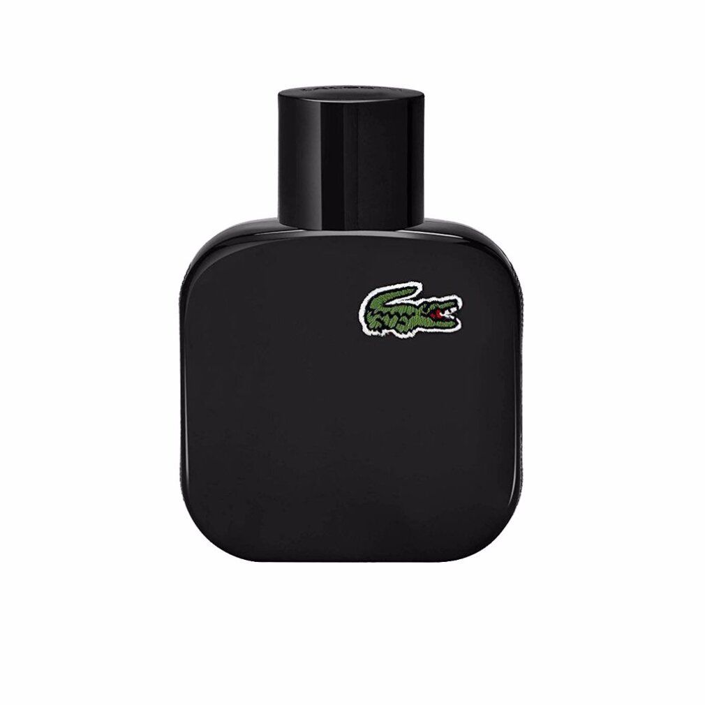 Schwarzer Flakon mit schwarzem Verschluss. Lacoste-Logo auf der Vorderseite. Quadratische Form.