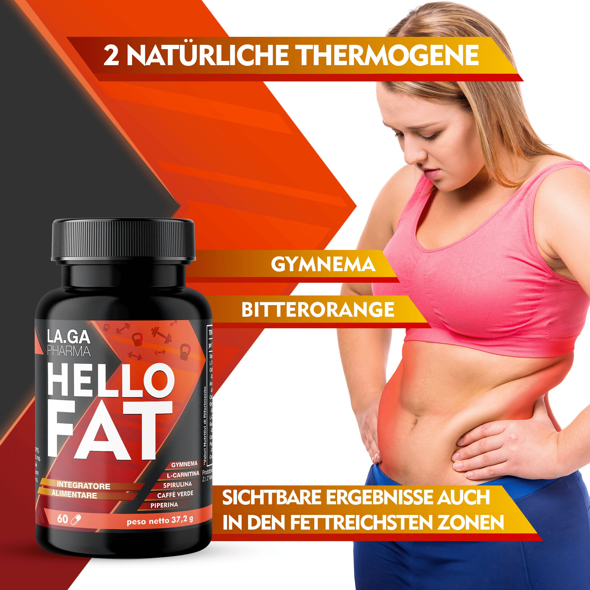 Schwarze Flasche mit Kapseln. Aufschrift: LA.GA Pharma Hello Fat. Frau mit Bauch. Text: 2 natürliche Thermogene, Gymnem, Bitterorange.