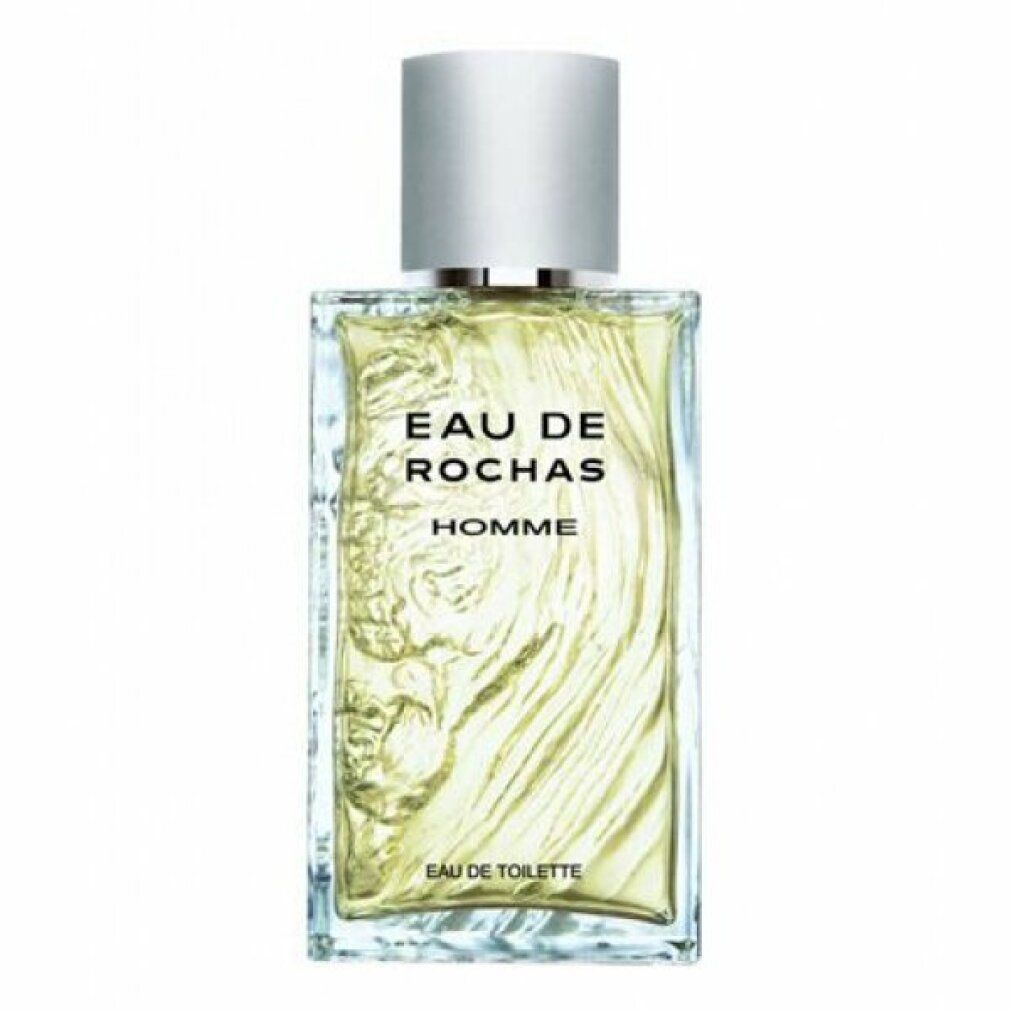 Rechteckiger Flakon mit silbernem Deckel. Aufschrift: Eau de Rochas Homme Eau de Toilette. Geätztes Design.
