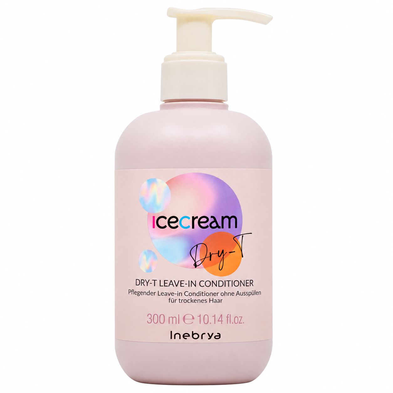 Flasche mit rosa Pumpspender, beschriftet mit 'icecream Dry-T DRY-T LEAVE-IN CONDITIONER'.