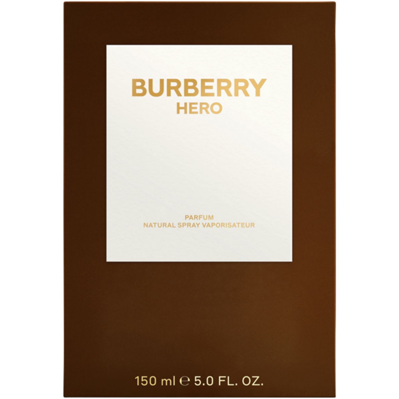 Verpackung Burberry Hero Parfum Nat. Spray. Braune Verpackung mit weißem Feld und goldfarbenem Schriftzug.