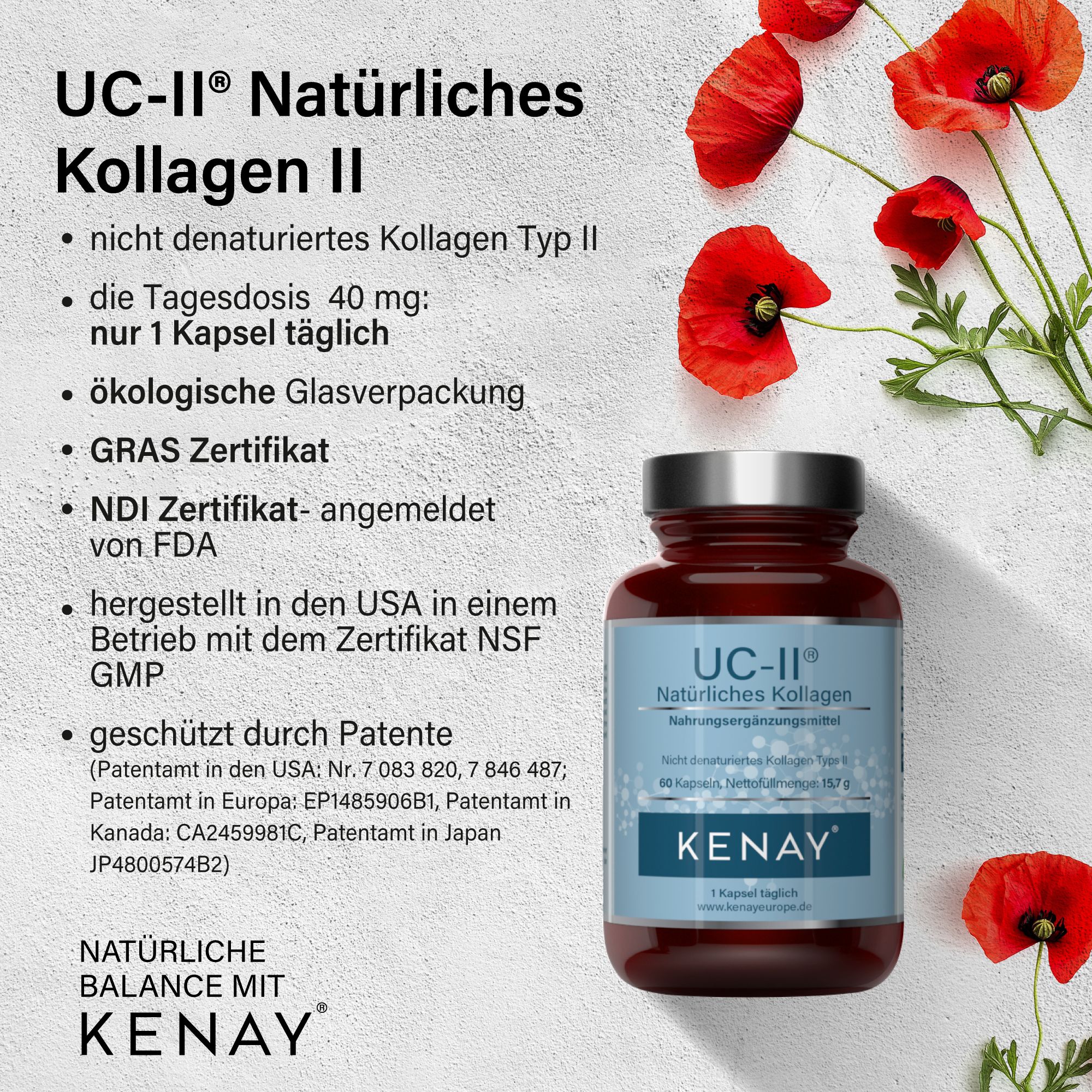 Braune Flasche mit blauem Etikett. Aufschrift: UC-II® Natürliches Kollagen, KENAY®. 60 Kapseln. Text und Mohnblumen.