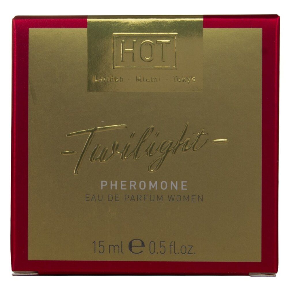 Goldene und rote Parfumverpackung. Aufschrift: Twilight Pheromone, 15 ml.