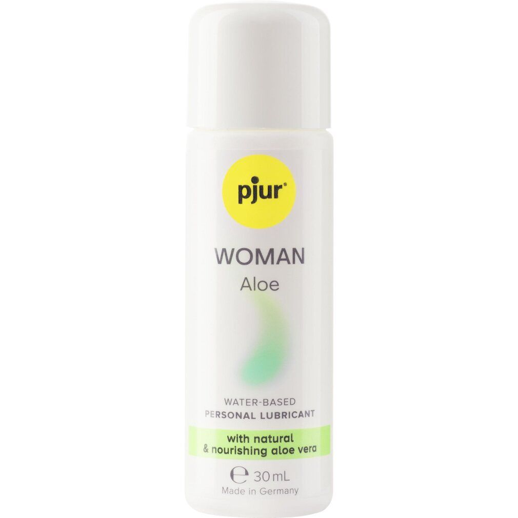 Weiße Flasche mit gelbem Etikett. Aufschrift: pjur WOMAN Aloe. Enthält 30ml. Wasserbasiertes Gleitmittel.