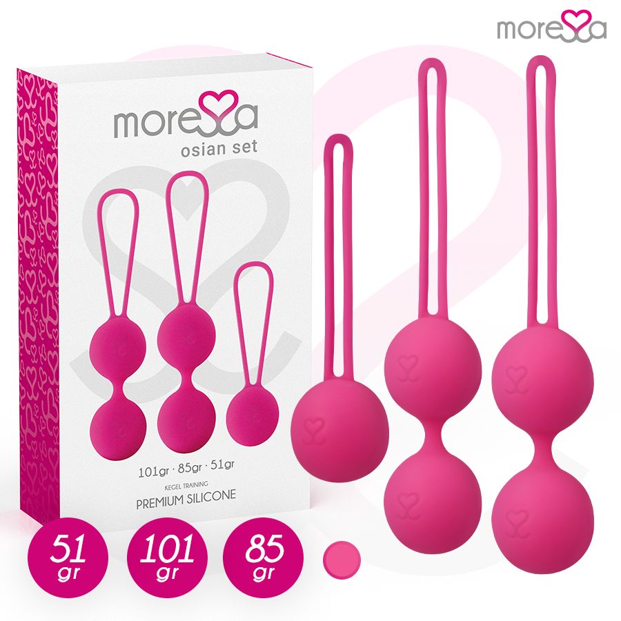 Produkt-Set mit drei rosa Kugeln in einer Box. Gewichtsangaben. Marke "more❤sa".