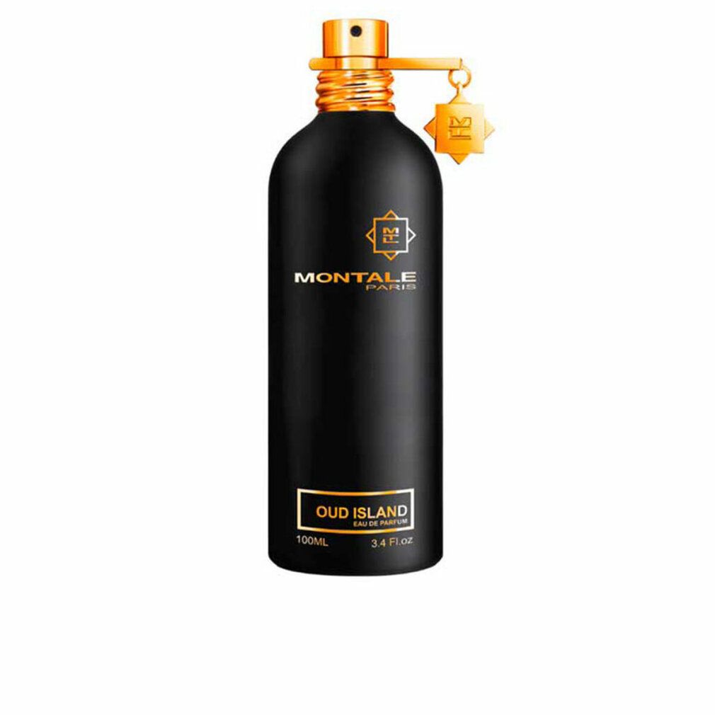 Schwarze Parfümflasche mit goldenem Verschluss und Anhänger. Beschriftung: Montale Paris, Oud Island, 100ml.