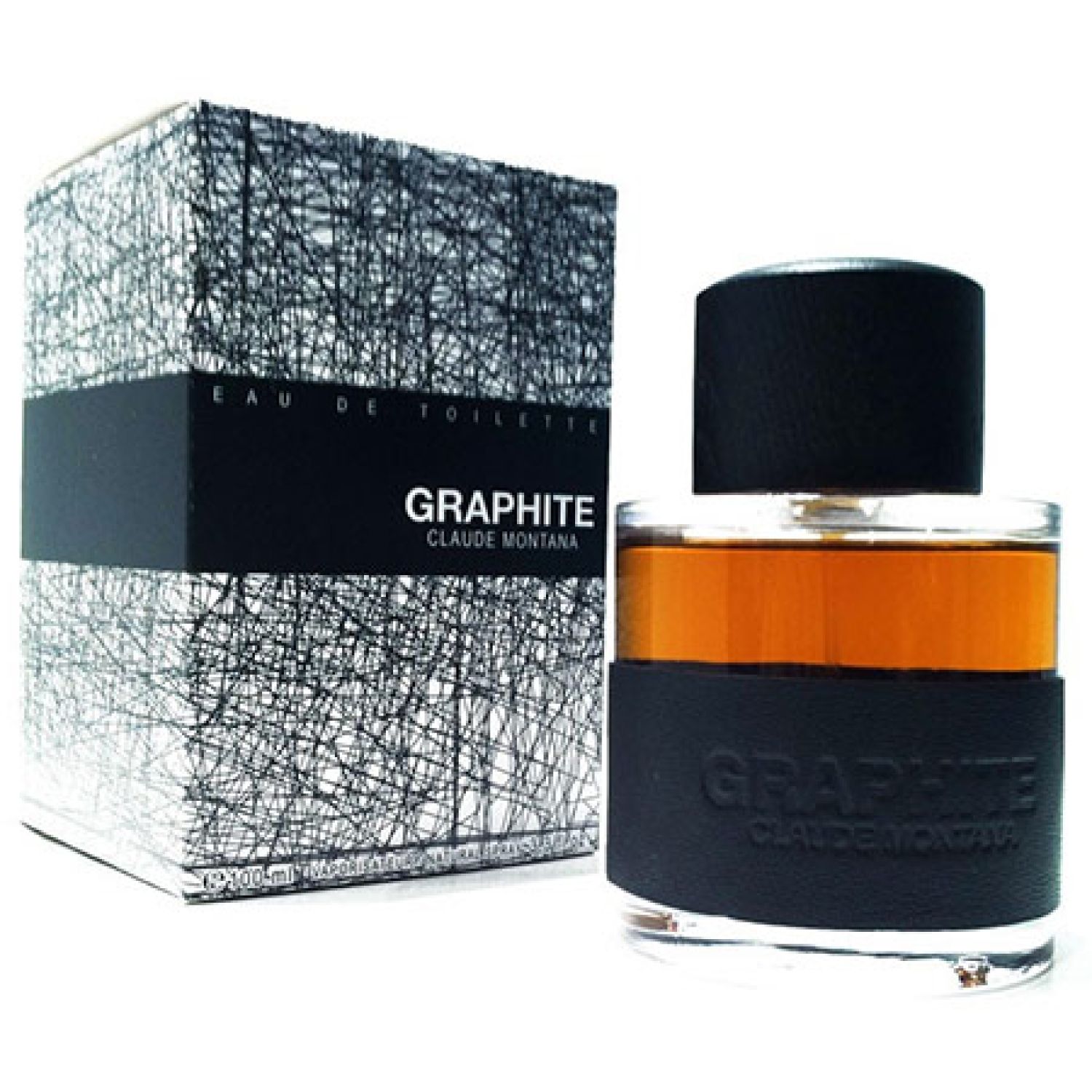 Montana Graphite EdT Flakon und Verpackung. Schwarzer Deckel, schwarzes Etikett. Verpackung mit Text und Muster.