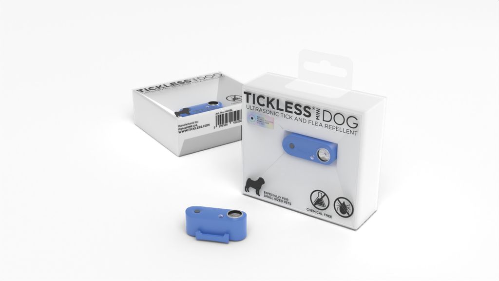 Tickless Mini Dog in Verpackung und daneben. Blaue Geräte, weiße Verpackung mit Produktaufdruck. Aufschrift: Ultrasonic Tick and Flea Repellent.