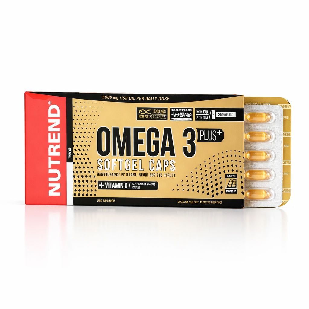 Verpackung mit Nutrend Omega 3 Plus Softgel-Kapseln. Die Packung ist rot und schwarz mit Produktinformationen. Einige Kapseln sind sichtbar.