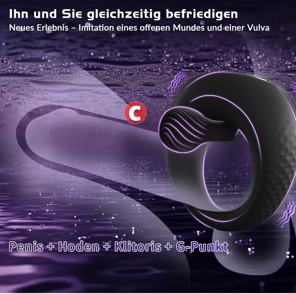 Schwarzer Penisring mit Perlen und Vibration. Text: Penis + Hoden + Klitoris + G-Punkt. Lila Hintergrund mit Wellen.