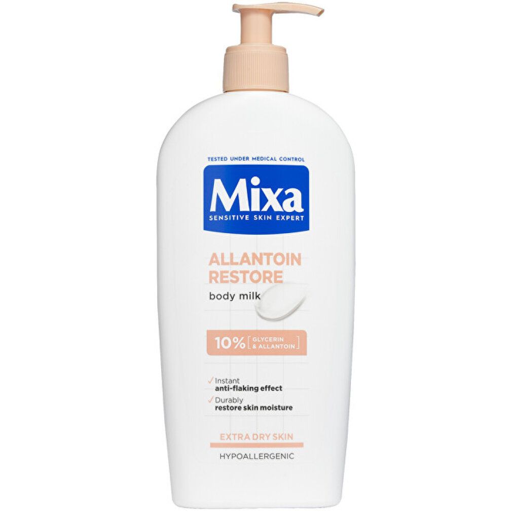 Weiße Flasche Mixa Allantoin Restore Body Milk. Rosa Etikett mit Text. Pumpe oben.