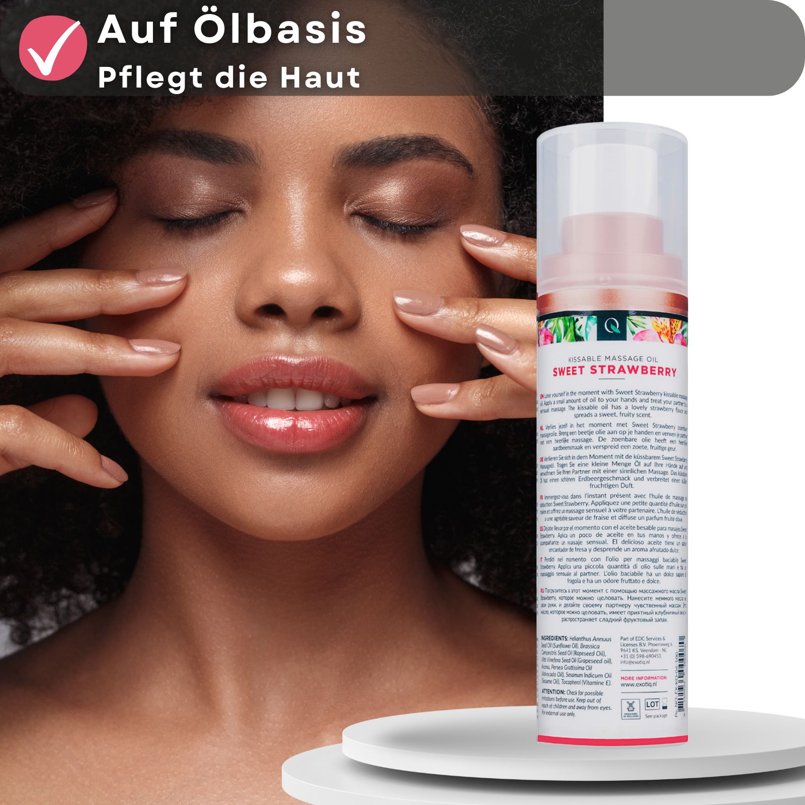 Produkt neben einer Frau, die sich im Gesicht massiert. Text: Auf Ölbasis, pflegt die Haut.