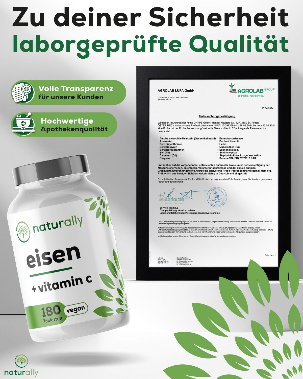 Werbebild mit Flasche und Zertifikat. Text: Laborgeprüfte Qualität, Apothekenqualität, 180 Tabletten, vegan.