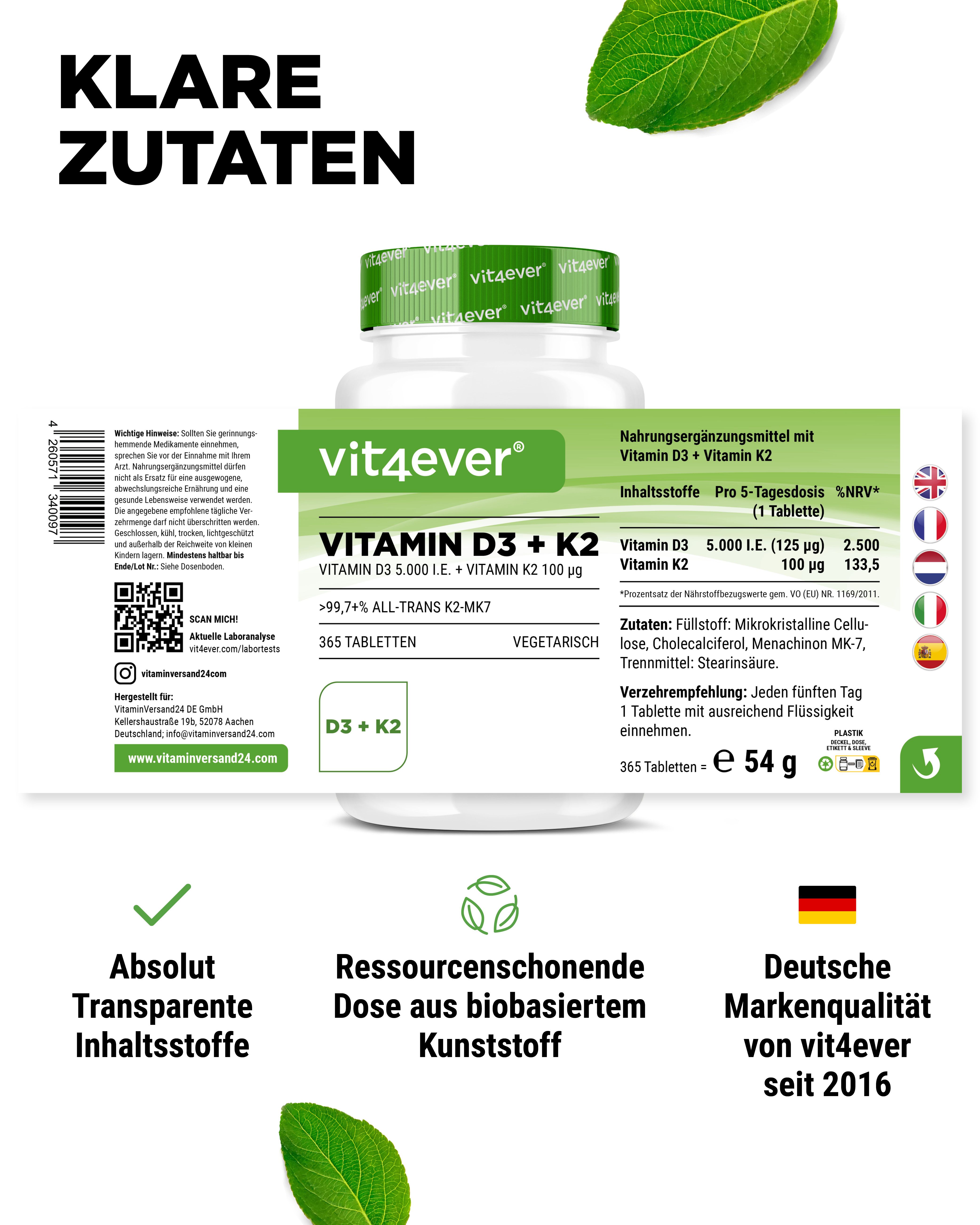 Produktflasche Vitamin D3 + K2, vit4ever, mit Etikett. Aufschrift: 365 Tabletten. Vegetarisch. Deutsche Markenqualität.