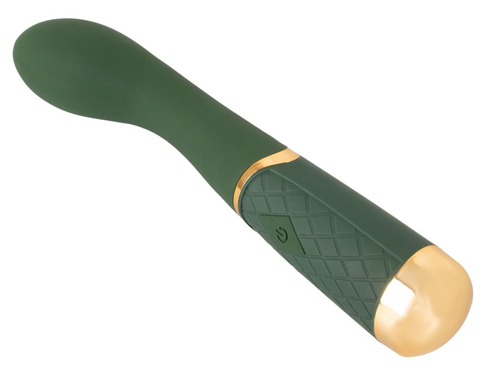 Grüner Vibrator mit goldfarbenen Akzenten. Geformter Kopf, geriffelter Griff mit Power-Taste. Goldfarbenes Ende.