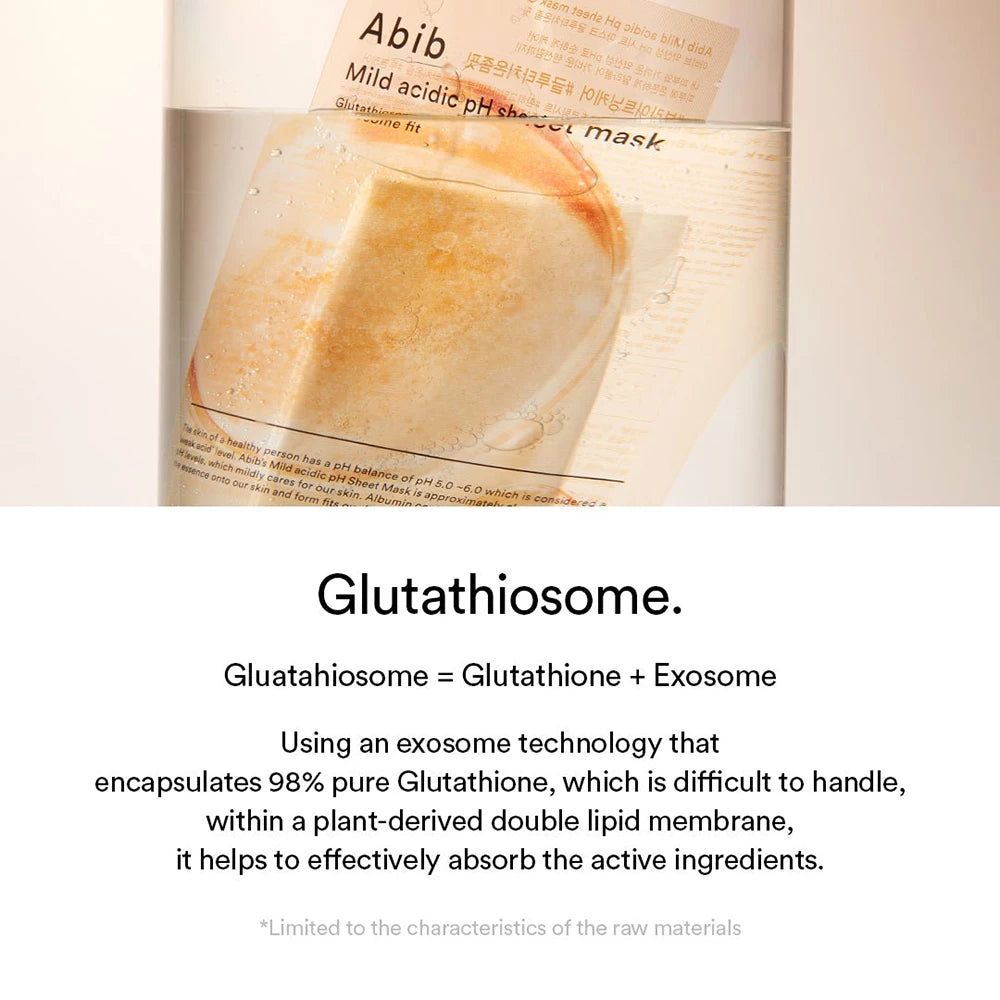 ABIB Mild Säure pH Tuchmaske in Wasser. Verpackung teilweise sichtbar. Text: Abib, Mild acidic pH sheet mask. Produktbeschreibung.