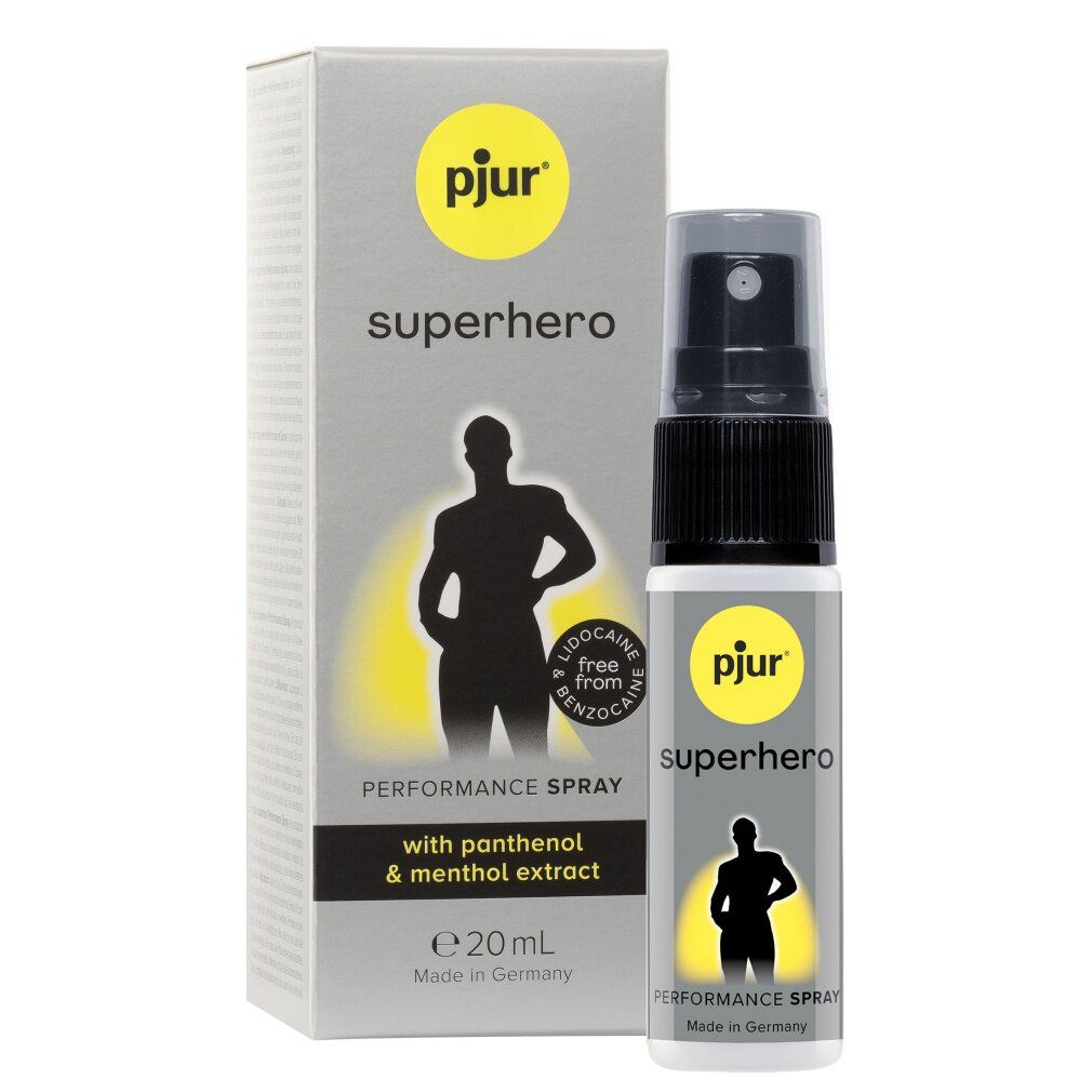 pjur® superhero Performance Spray, 20ml Flasche und Verpackung. Enthält Panthenol & Mentholextrakt. Frei von Lidocain & Benzocain.