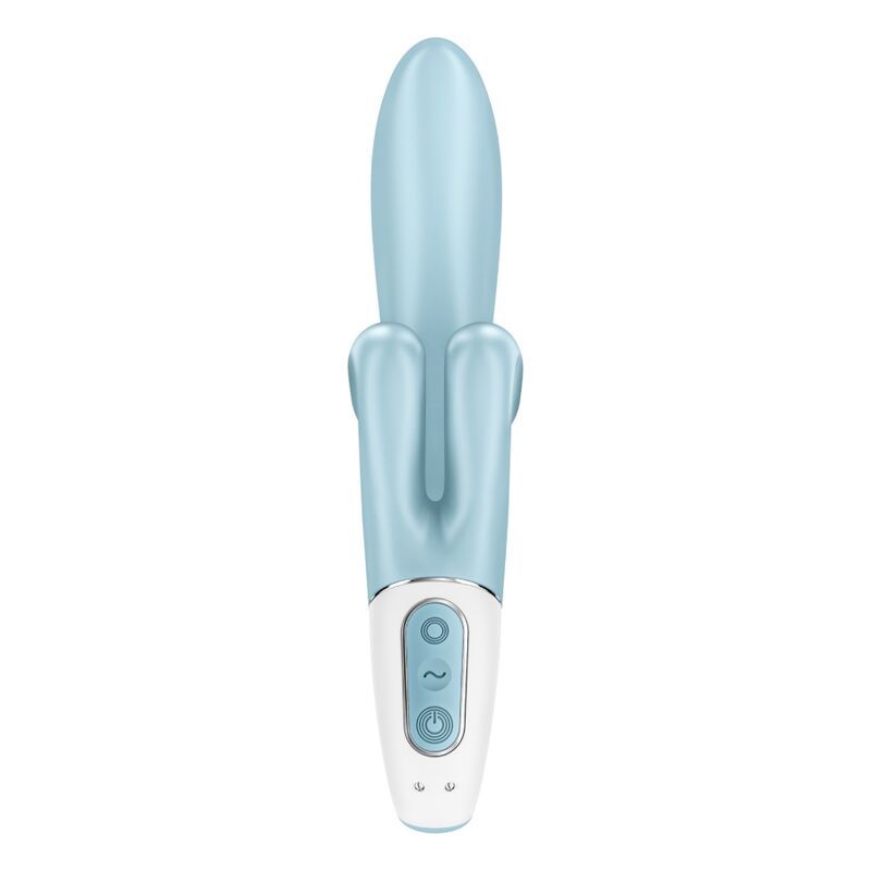 Blauer Vibrator mit weißem Bedienfeld. Ovale Form, zwei seitliche Elemente.