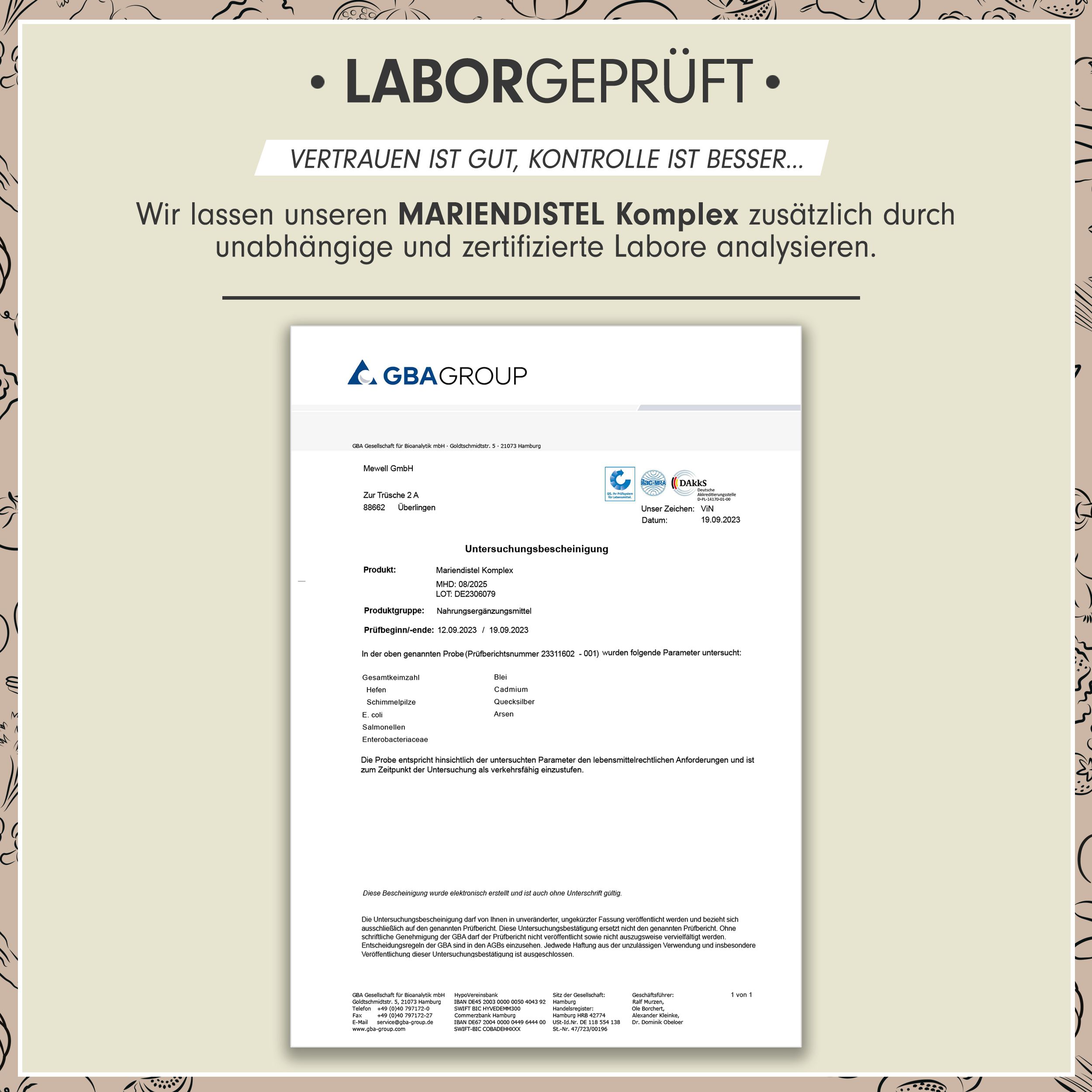 Laborgeprüft. Zertifizierter Bericht. Mariendistel Komplex. GBA Group. Analyseergebnisse. Produktinformationen. Chargennummer. Verfallsdatum.