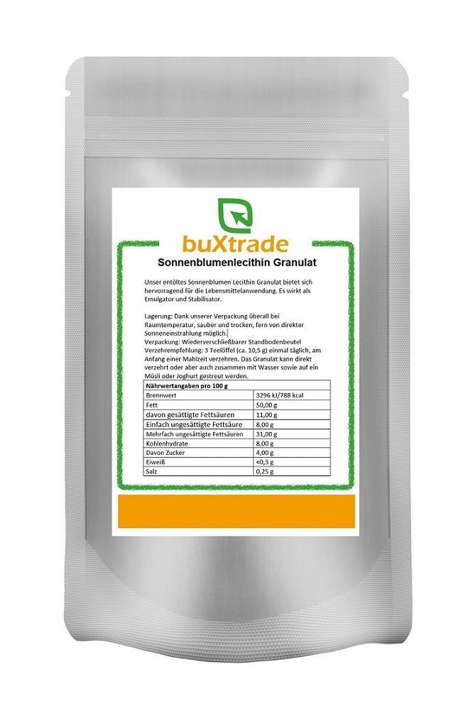 Beutel mit Sonnenblumenlecithin Granulat. Aufdruck mit Nährwertangaben. Wiederverschließbar.
