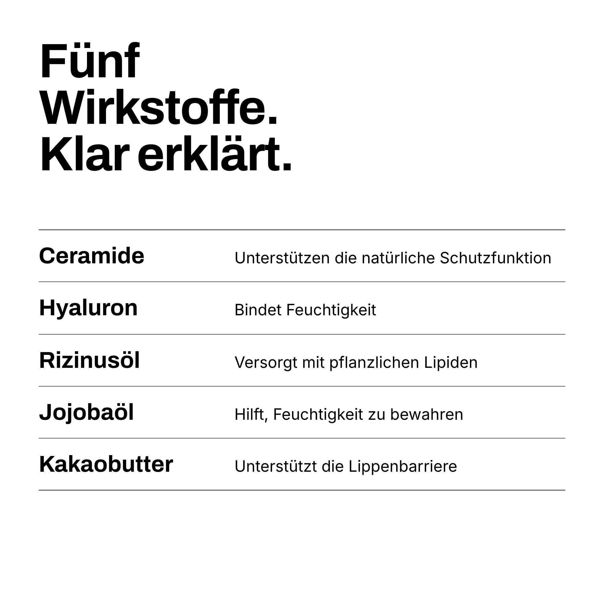 Liste von fünf Inhaltsstoffen für Lippenpflege: Ceramid, Hyaluron, Rizinusöl, Jojobaöl, Kakaobutter.