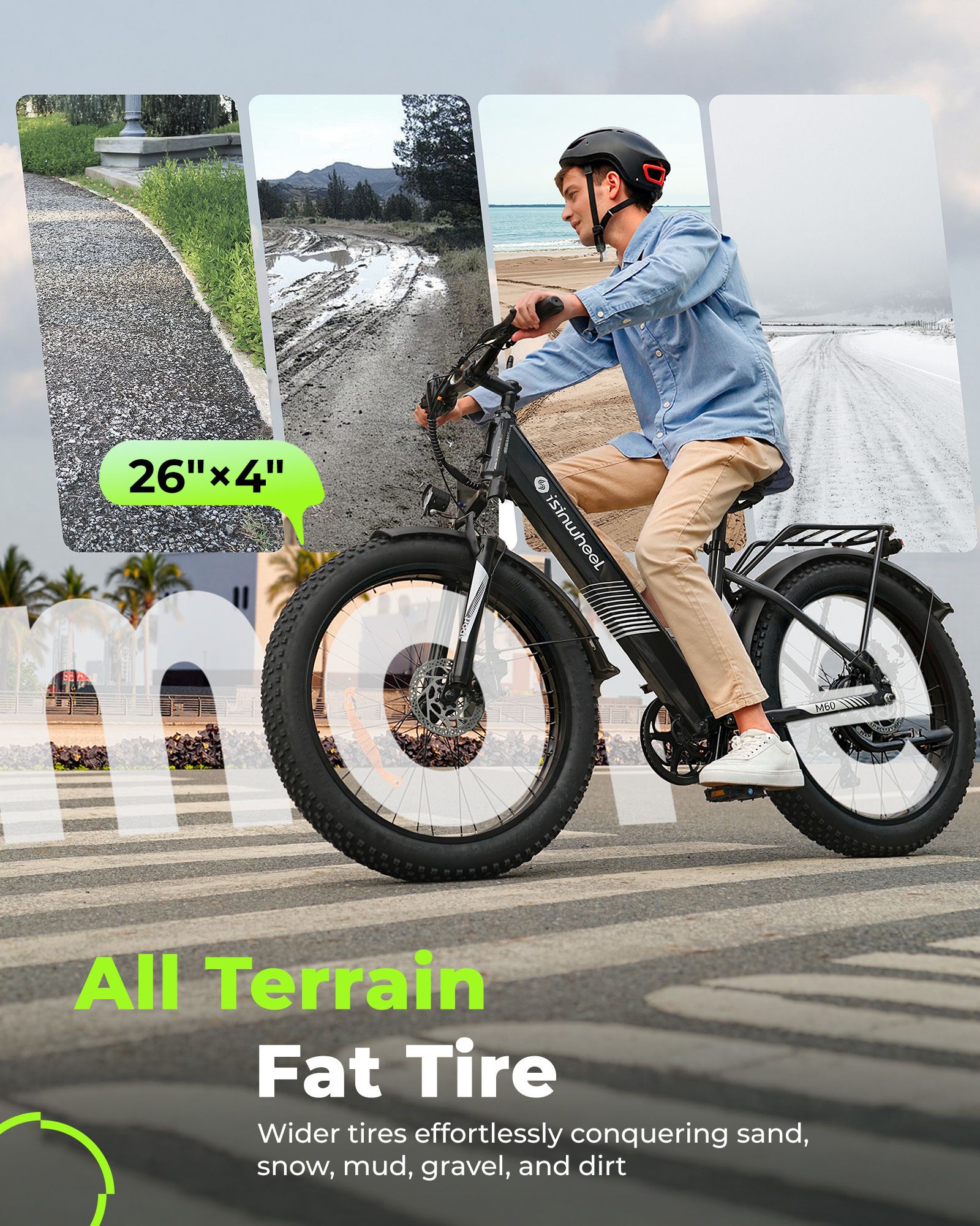 Person fährt auf einem Isinwheel M60 E-Bike mit breiten Reifen. Text: All Terrain Fat Tire, 26"x4".