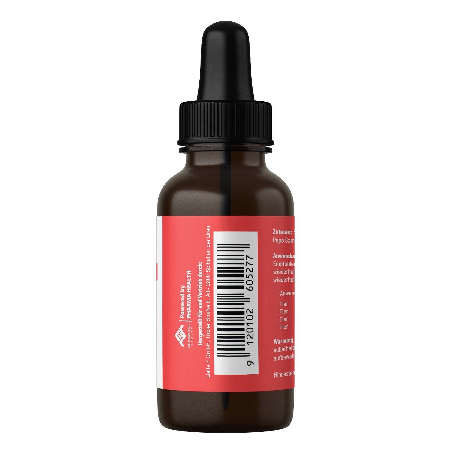 Braune Glasflasche mit schwarzem Tropfer. Rückseite mit Text und Barcode. Produktname: Zeckpro Liquid.