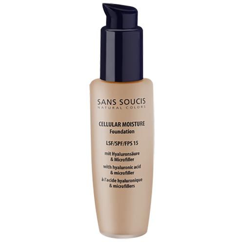 Beige Foundation-Flasche mit schwarzem Pumpverschluss. Aufschrift: Sans Soucis, Cellular Moisture Foundation, LSF/SPF/FPS 15.