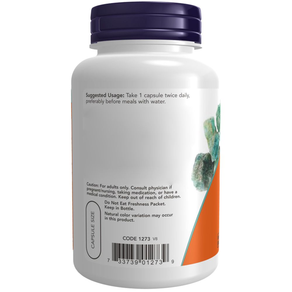 Rückseite einer weißen Flasche mit blauem Deckel. Orangefarbenes Etikett mit Text. Code 1273 VB und Barcode.