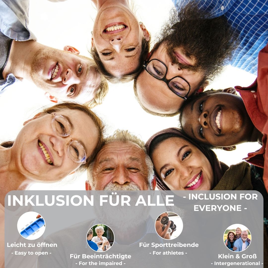 Menschen verschiedener Ethnien. Text: Inklusion für alle, leicht zu öffnen, für Beeinträchtigte, für Sporttreibende, klein & groß.