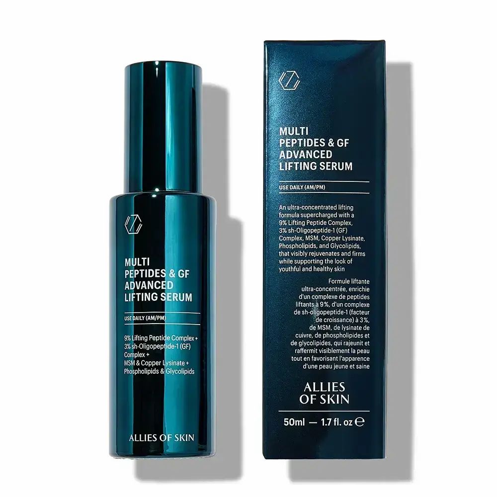 Dunkelgrüne Flasche und Schachtel "Multi Peptides & GF Advanced Lifting Serum". Marke ALLIES OF SKIN. Text auf beiden.