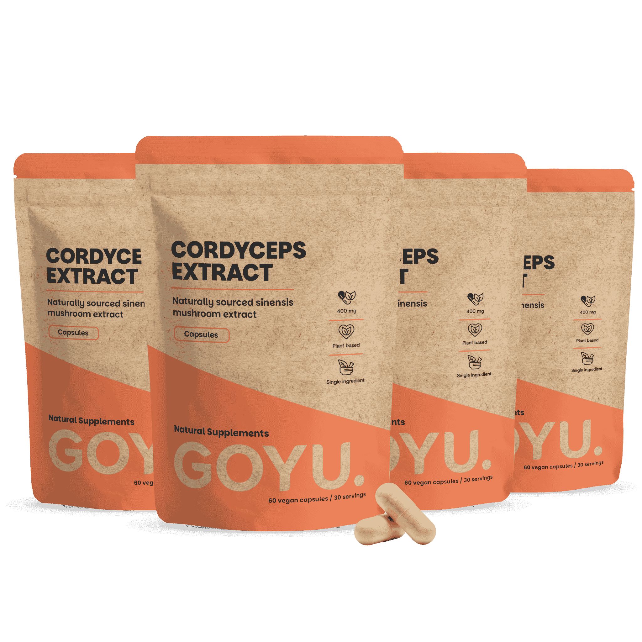 Vier Packungen Cordyceps Extrakt Kapseln, eine davon geöffnet, mit zwei Kapseln daneben.