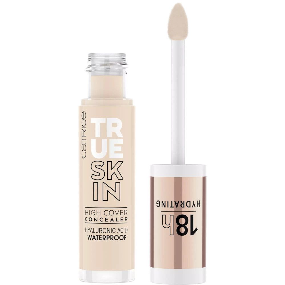 Catrice True Skin Concealer. Flasche mit Applikator. Text: True Skin, High Cover Concealer, Hyaluronsäure, Waterproof. Farbe: hellbeige.