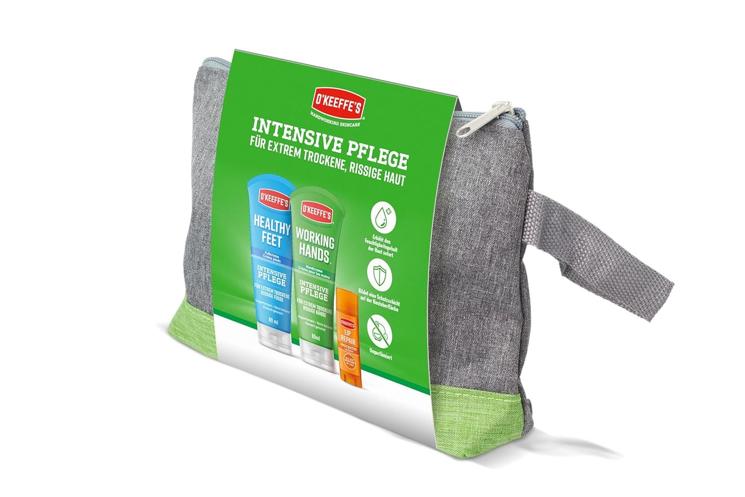 Graue Tasche mit grünem Etikett. Etikett mit Text: O'Keeffe's Intensive Pflege. Produkte: Healthy Feet, Working Hands und Lip Repair.