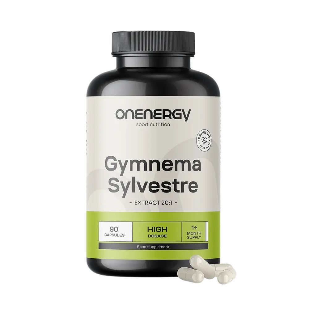 Schwarze Flasche mit weißen Kapseln. Aufschrift: OnEnergy, Gymnema Sylvestre Extrakt 20:1, 90 Kapseln, High Dosage, 1+ Monat Supply.