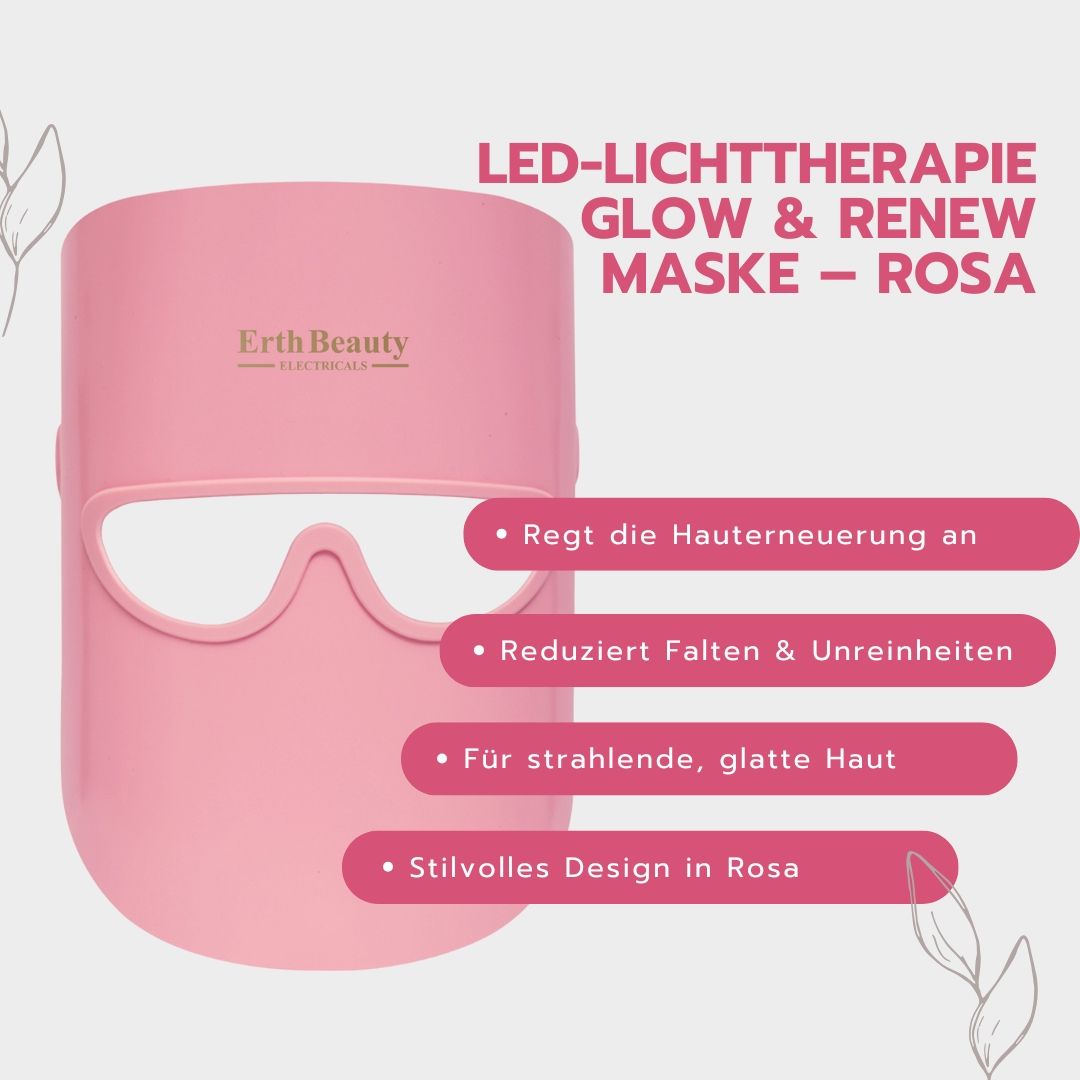 Rosa LED-Maske mit Erth Beauty Logo. Vorteile: Hauterneuerung, Faltenreduktion.