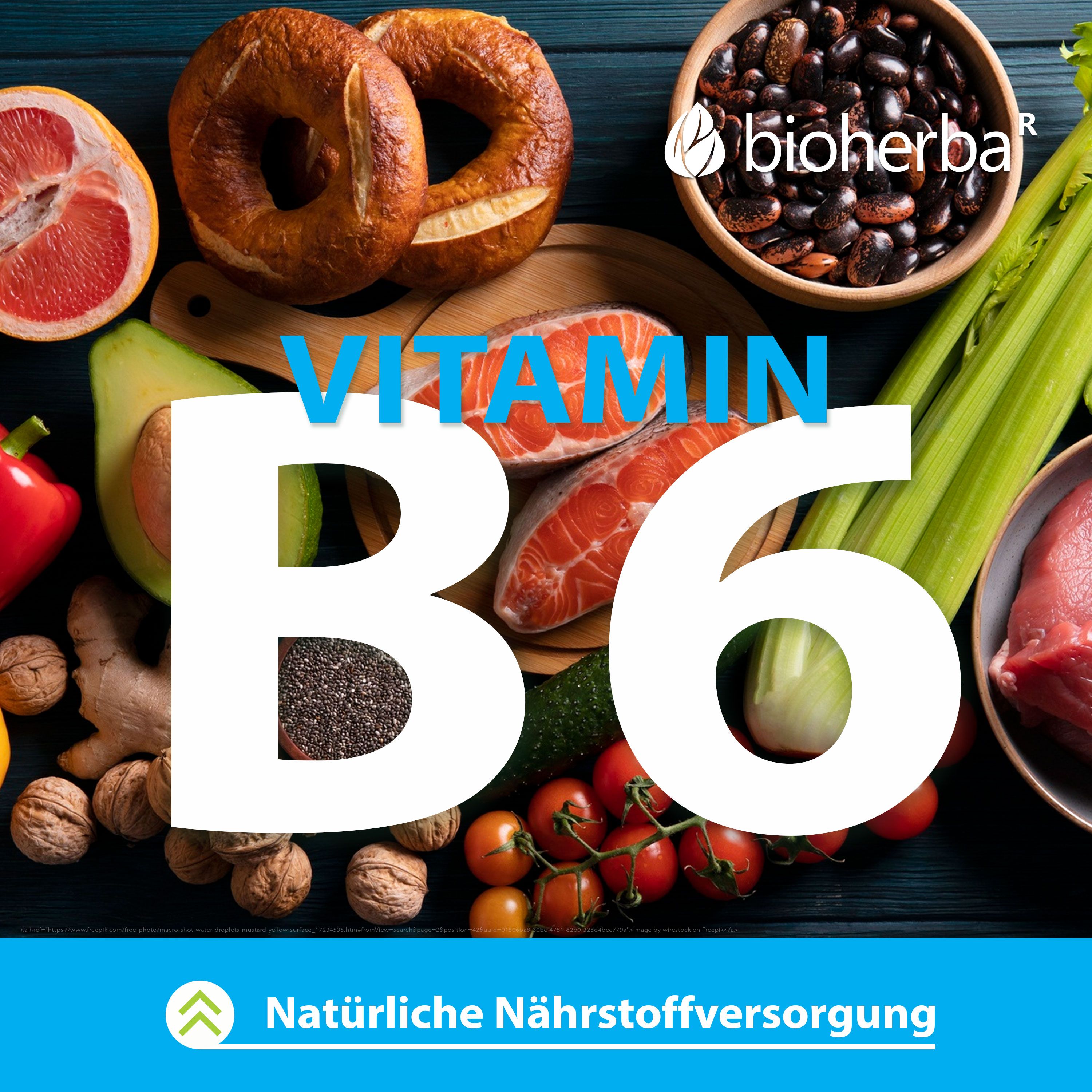 Verschiedene Lebensmittel auf Holzbrett. Großes Wort Vitamin B6. Hintergrund blau. Natürliche Nährstoffversorgung.