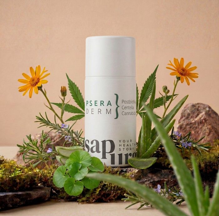 Weiße Pumpspender-Flasche umgeben von Aloe Vera, Kräutern und Blumen.