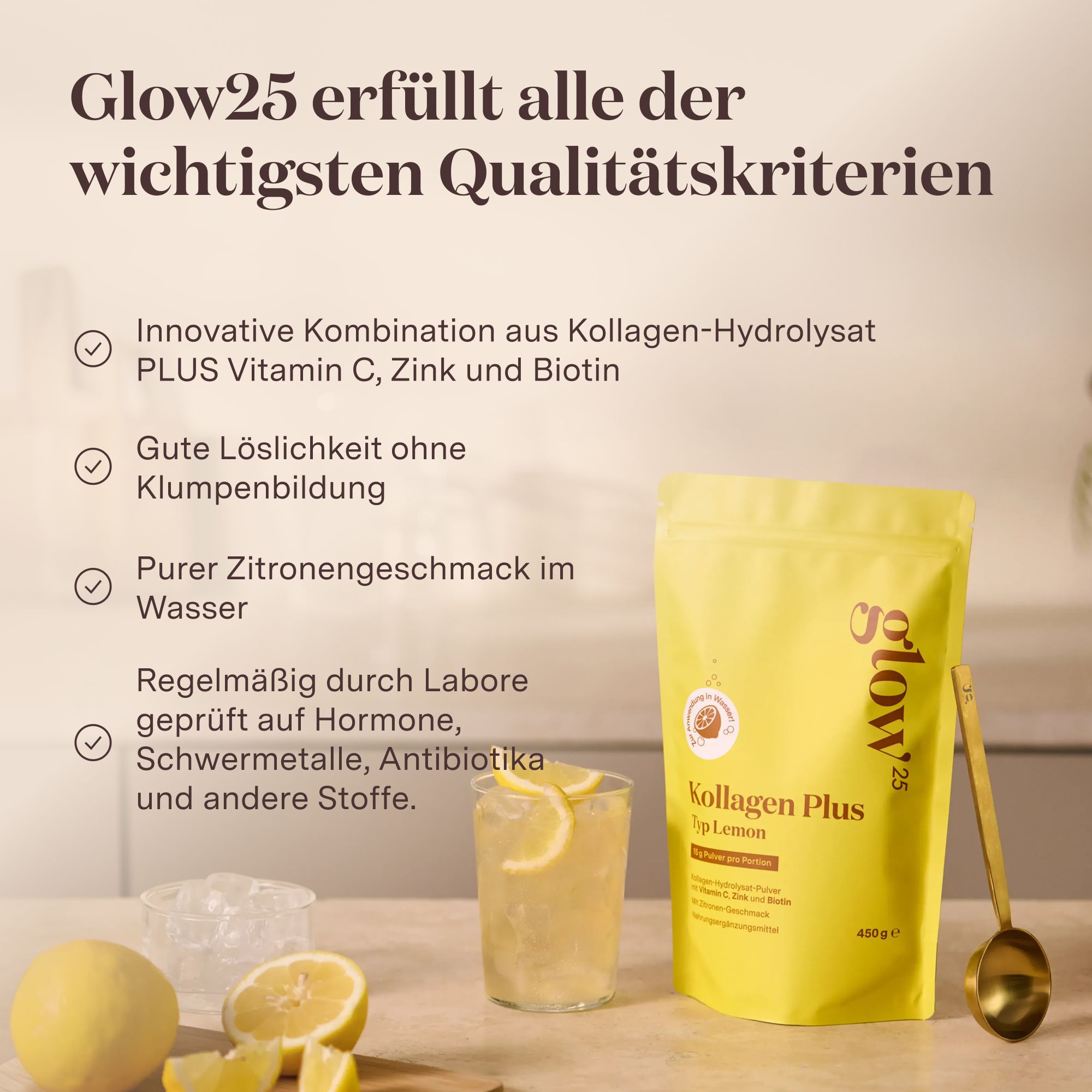 Glow25 Kollagen Plus Typ Lemon Pulver in gelber Verpackung, daneben Glas mit Zitronengetränk.